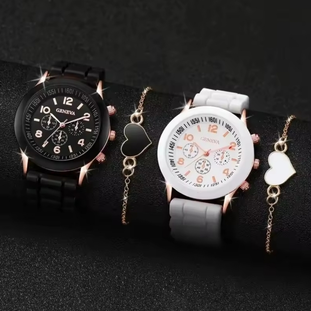 4pcs black and white bracelets and watces set for women